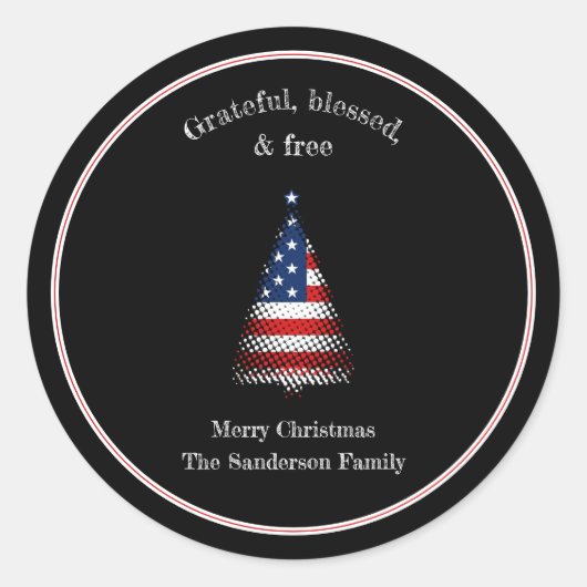 アメリカ国旗のクリスマスツリ賛美ー ラウンドシール (正面)