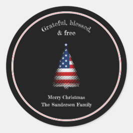 アメリカ国旗のクリスマスツリ賛美ー ラウンドシール