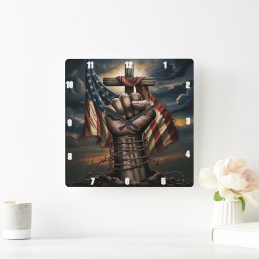 アメリカ国旗のクロスパトリオの強さと自由 スクエア壁時計 (ホーム)