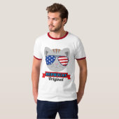 アメリカ国旗のサングラスをかけた猫の顔 面白いデザイン Tシャツ (正面フル)