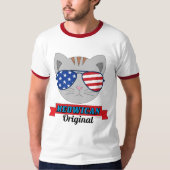 アメリカ国旗のサングラスを持つ猫顔 おもしろい Tシャツ (正面)