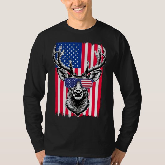 アメリカ国旗のサングラスを身に着けている愛国的な鹿 Tシャツ (正面)