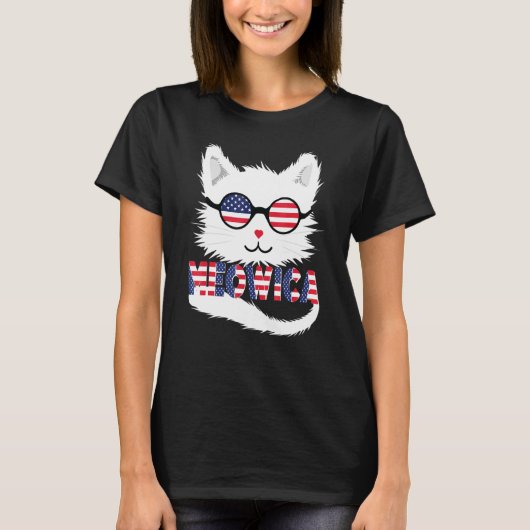 アメリカ国旗のサングラスMeowicaかわいい白猫 Tシャツ (正面)