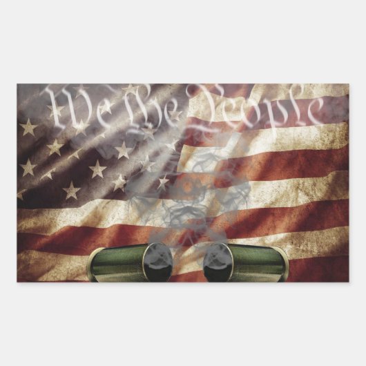 アメリカ国旗のシールの上に2つの喫煙銃のシェル 長方形シール (正面)