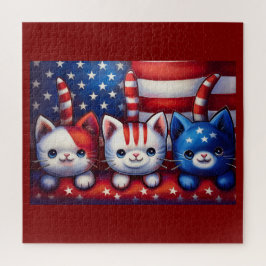 アメリカ国旗のシーンにいる3匹の愛国的な子猫 ジグソーパズル