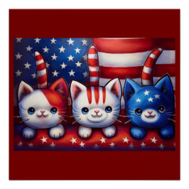 アメリカ国旗のシーンにいる3匹の愛国的な子猫 ポスター