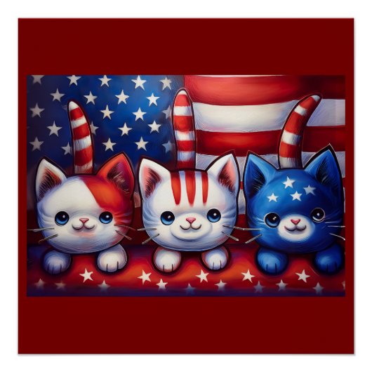 アメリカ国旗のシーンにいる3匹の愛国的な子猫 ポスター (正面)