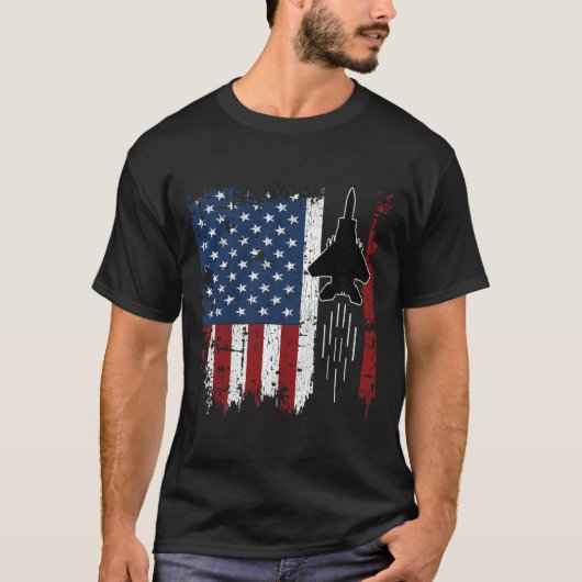 アメリカ国旗のジェット戦闘機シルエットF22ラプターF1 Tシャツ (正面)