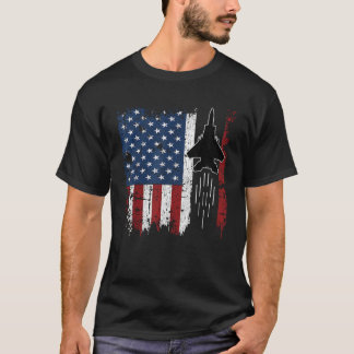 アメリカ国旗のジェット戦闘機シルエットF22ラプターF1 Tシャツ