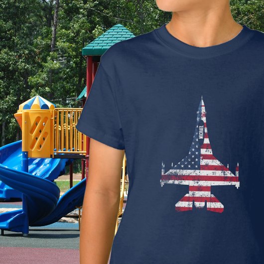 アメリカ国旗のジェット戦闘機&名前をカスタムする Tシャツ