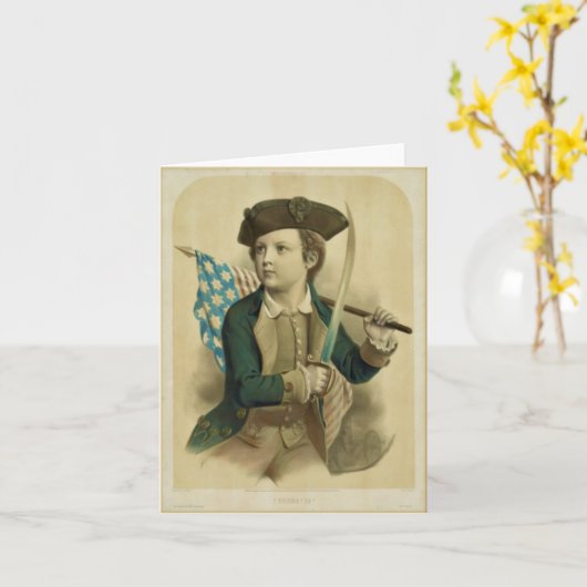 アメリカ国旗のノートカードを持つヴィンテージボーイ カード (黄色い花)