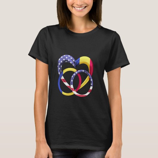 アメリカ国旗のハート結婚リングや輪結婚ルーマニア Tシャツ (正面)