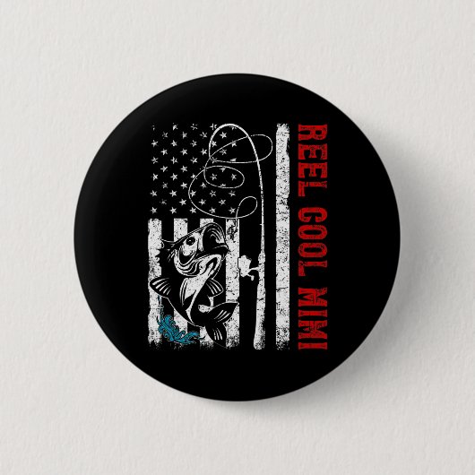 アメリカ国旗のリールクールミミ魚釣りフィッシャーマン 缶バッジ (正面)