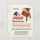 アメリカ国旗のヴィンテージドラム7月4日お祝い インビテーションポストカード (正面/裏面)