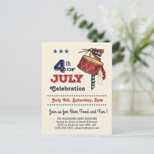 アメリカ国旗のヴィンテージドラム7月4日お祝い インビテーションポストカード (スタンド正面)