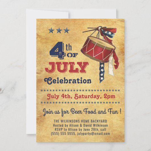 アメリカ国旗のヴィンテージドラム7月4日お祝い 招待状 (正面)