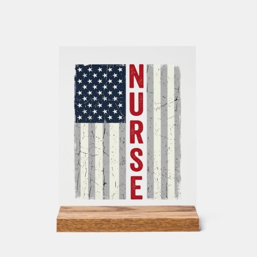 アメリカ国旗のヴィンテージ風刺繍Tシャツデザイン 看護師 アクリルサイン (正面)