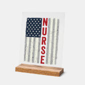 アメリカ国旗のヴィンテージ風刺繍Tシャツデザイン 看護師 アクリルサイン (傾斜)
