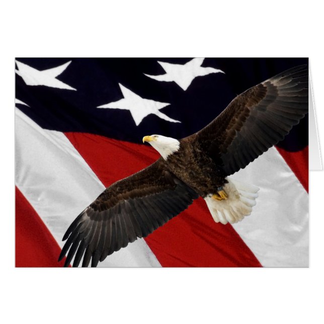 アメリカ国旗の上を飛んでいるワシ (正面横)