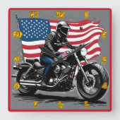 アメリカ国旗の下にプライドのあるライダークルージング スクエア壁時計 (正面)