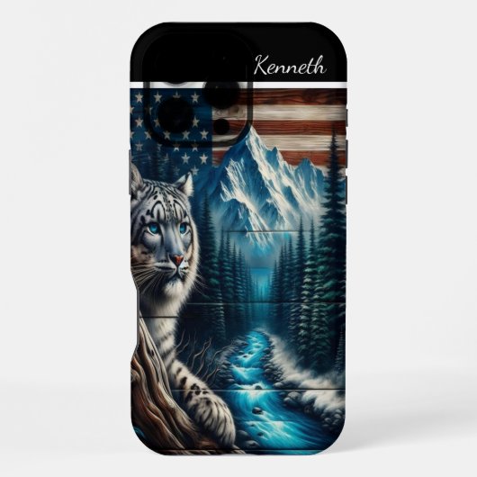 アメリカ国旗の下のユキヒョウ iPhoneケース (裏面)