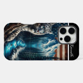 アメリカ国旗の下のユキヒョウ iPhoneケース (裏面横)