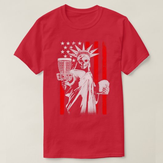アメリカ国旗の円盤ゴルフプレーヤーの骨格像 Tシャツ (デザイン正面)