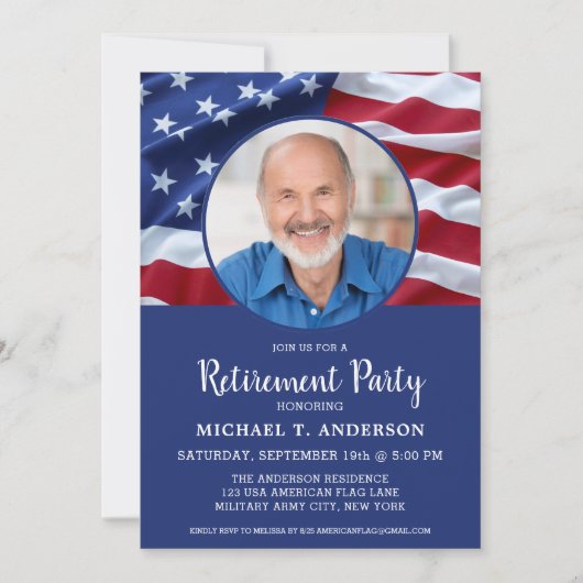 アメリカ国旗の写真を使った 軍人退職記念 招待状 (正面)