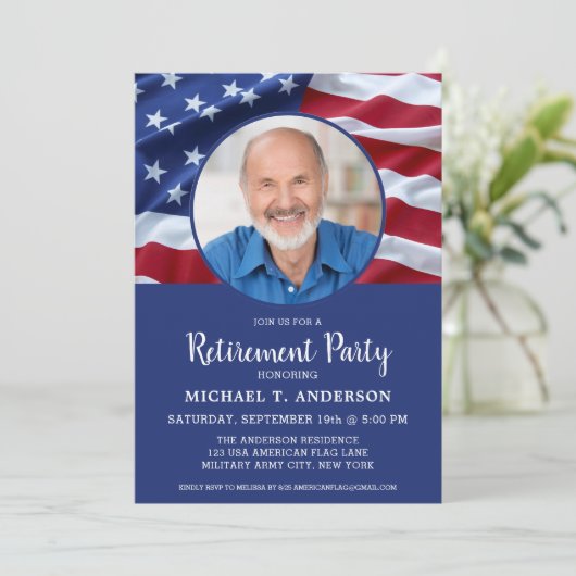 アメリカ国旗の写真を使った 軍人退職記念 招待状 (スタンド正面)