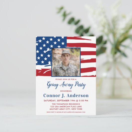 アメリカ国旗の写真を使った 軍人 送別会のパーティー招待状 インビテーションポストカード (スタンド正面)