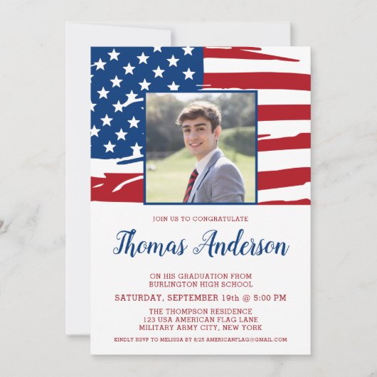 アメリカ国旗の写真軍隊愛国的卒業 招待状 (正面)