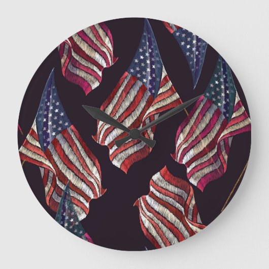 アメリカ国旗の刺繍：愛国模様。 ラージ壁時計 (正面)