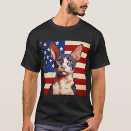 アメリカ国旗の前に飾ったレックス猫 Tシャツ
