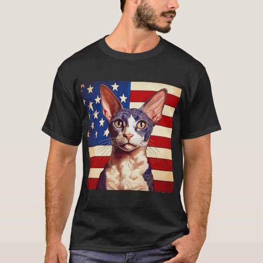 アメリカ国旗の前に飾ったレックス猫 Tシャツ (正面)