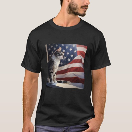 アメリカ国旗の前のエーゲ猫 Tシャツ (正面)