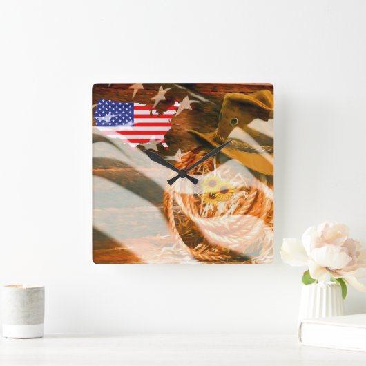 アメリカ国旗の太陽光線カウボーイハットラッソー スクエア壁時計 (ホーム)