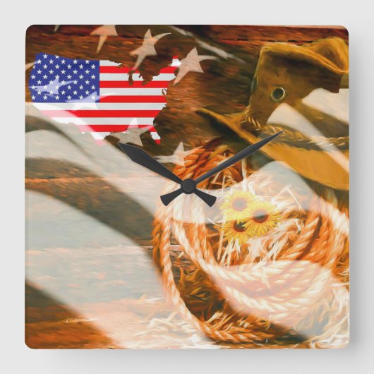 アメリカ国旗の太陽光線カウボーイハットラッソー スクエア壁時計 (正面)