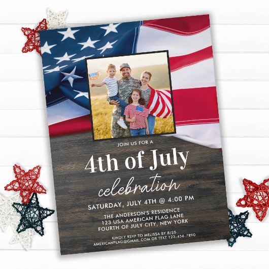 アメリカ国旗の家族の写真7月4日のパーティー インビテーションポストカード