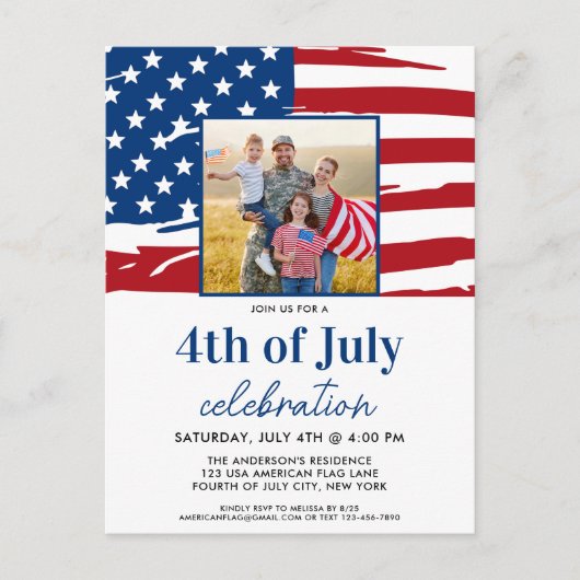 アメリカ国旗の家族の写真7月4日のパーティー インビテーションポストカード (正面)