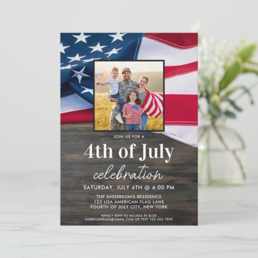 アメリカ国旗の家族の写真7月4日のパーティー 招待状 (スタンド正面)