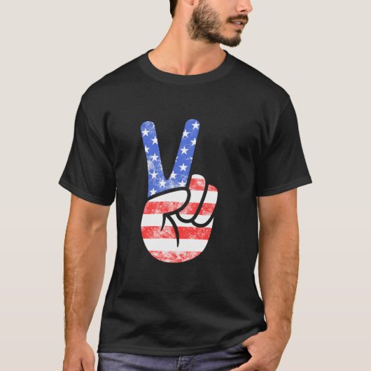 アメリカ国旗の平和サイン・ハンド7月4日 Tシャツ (正面)