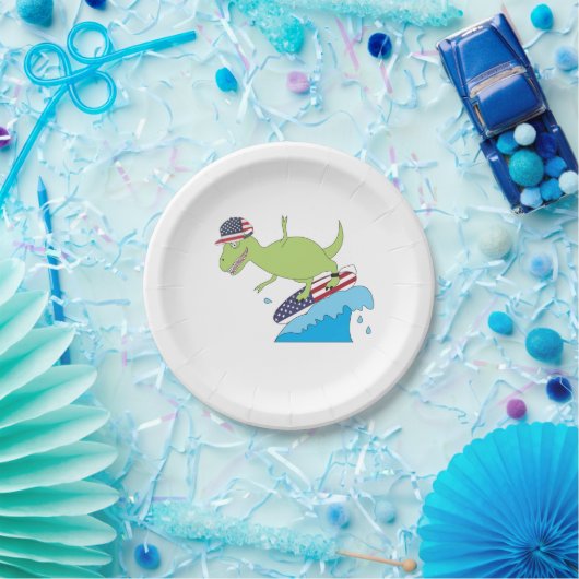 アメリカ国旗の恐竜サーフィン ペーパープレート (パーティー)