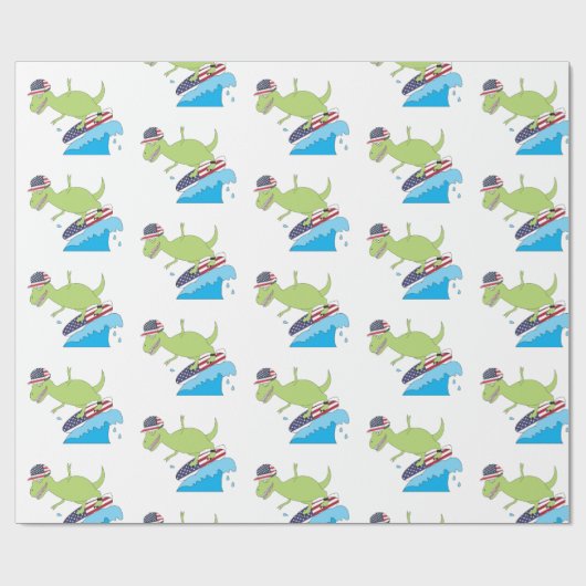 アメリカ国旗の恐竜サーフィン ラッピングペーパー (フラット)
