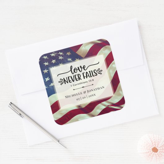 アメリカ国旗の愛は聖書の聖句を結婚必ず破る スクエアシール (封筒)