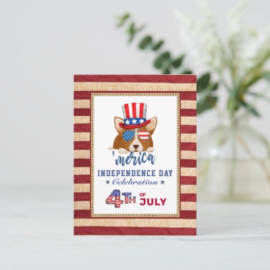 アメリカ国旗の愛国心のコルギ7月4日パーティー インビテーションポストカード (スタンド正面)