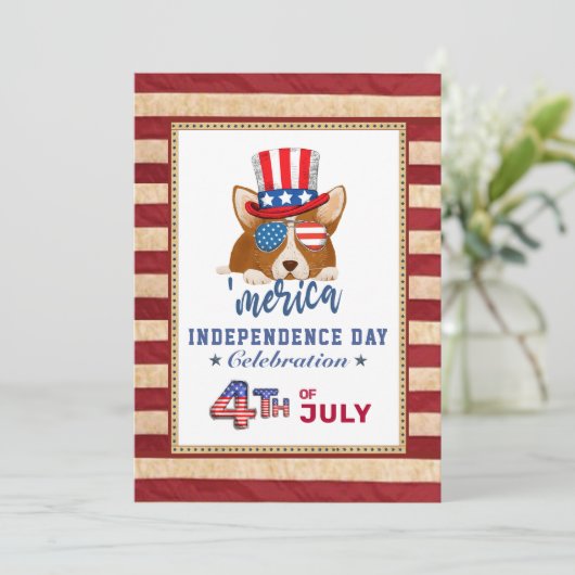 アメリカ国旗の愛国心のコルギ7月4日パーティー 招待状 (スタンド正面)