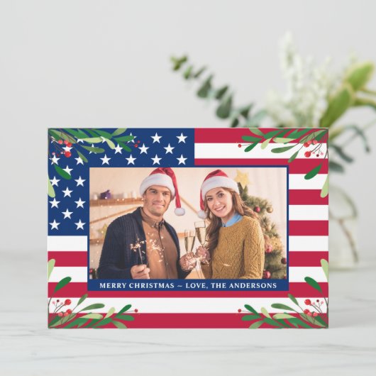 アメリカ国旗の愛国的なクリスマスカスタムの写真 シーズンカード (スタンド正面)