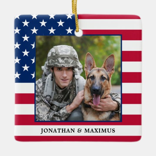 アメリカ国旗の愛国的なクリスマスカスタムの写真 セラミックオーナメント (正面)