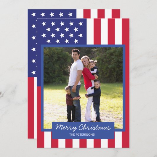 アメリカ国旗の愛国的なクリスマスファミリーの写真 シーズンカード (正面/裏面)