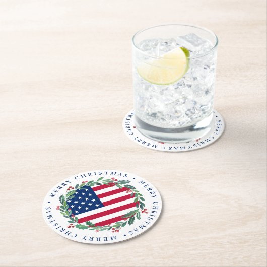 アメリカ国旗の愛国的なクリスマスリース ラウンドペーパーコースター (インサイチュ)